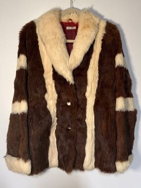 Vintage Brown White Striped Rabbit Fur Coat Jacket 70s 1970s Boho